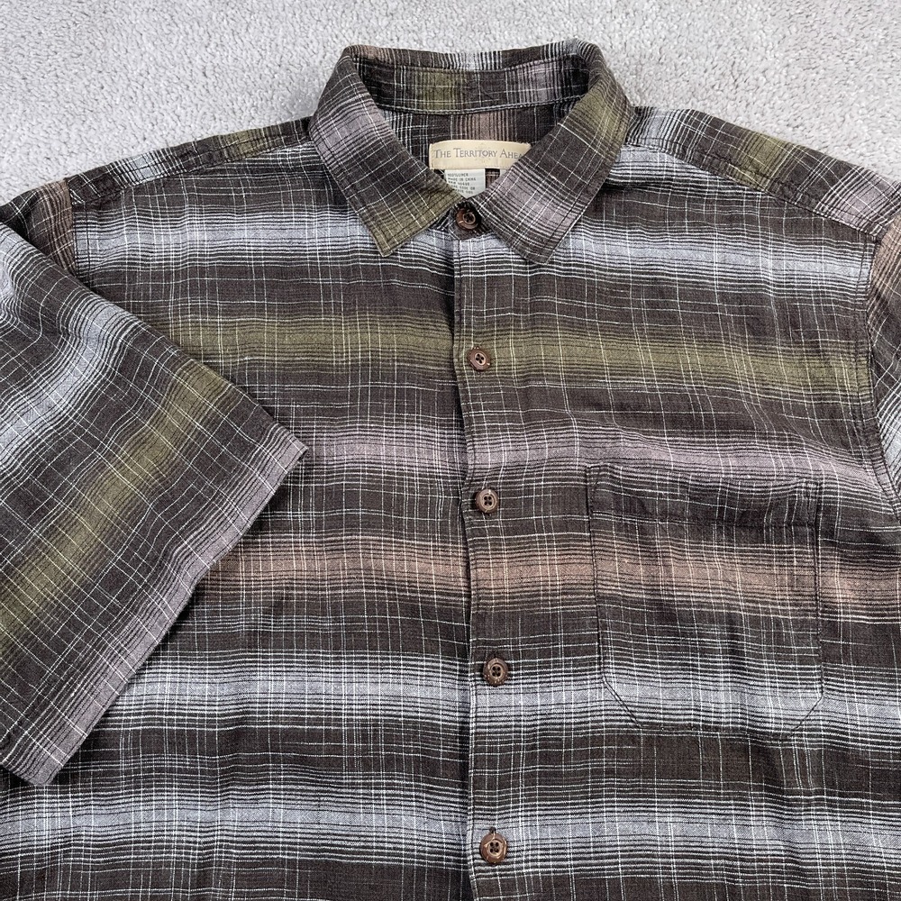 Territory‎ Ahead Shirt Mens Large Brown Stripes Linen Button Up Short Sleeves